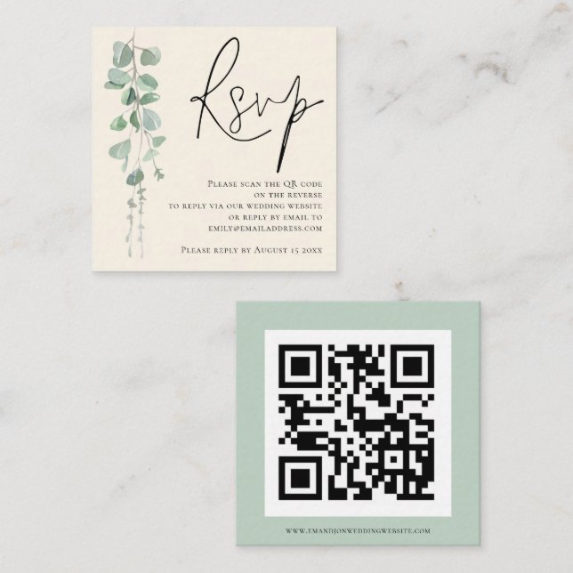 Modern Eucalyptus Ivory Sage QR Code Wedding RSVP Enclosure Card (Front/Back)