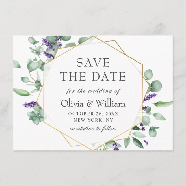 Modern Eucalyptus Lavender Floral Photo Wedding Save The Date (Front)