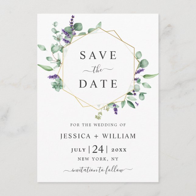 Modern Eucalyptus Lavender Foliage PHOTO Wedding Save The Date (Front)