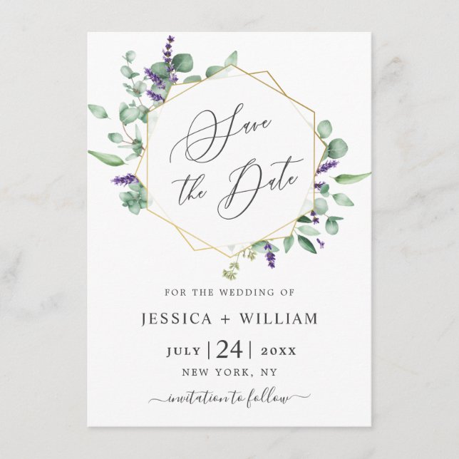 Modern Eucalyptus Lavender Foliage PHOTO Wedding Save The Date (Front)