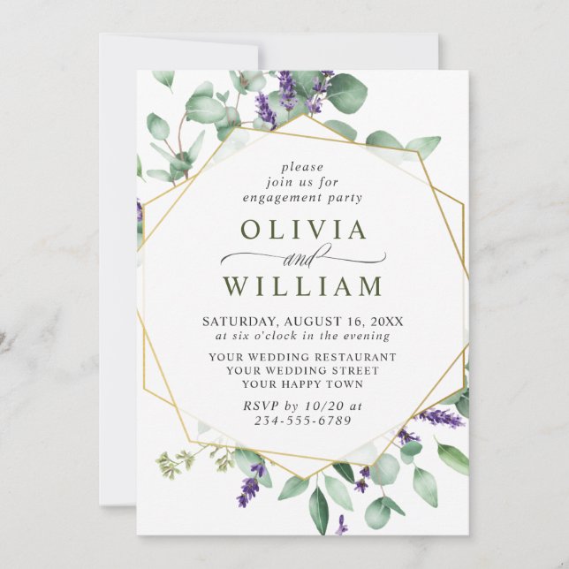 Modern Eucalyptus Lavender Geometric Frame Wedding Invitation (Front)