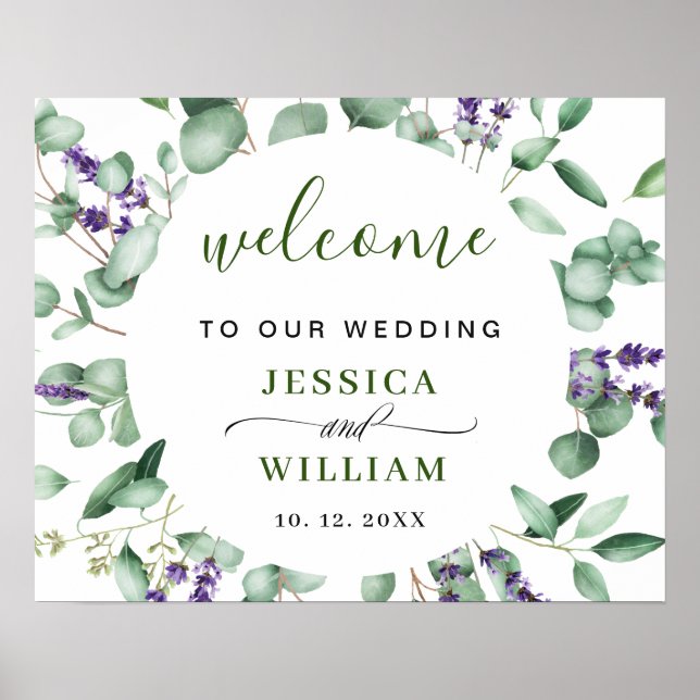 Modern Eucalyptus Lavender WEDDING Welcome Sign (Front)