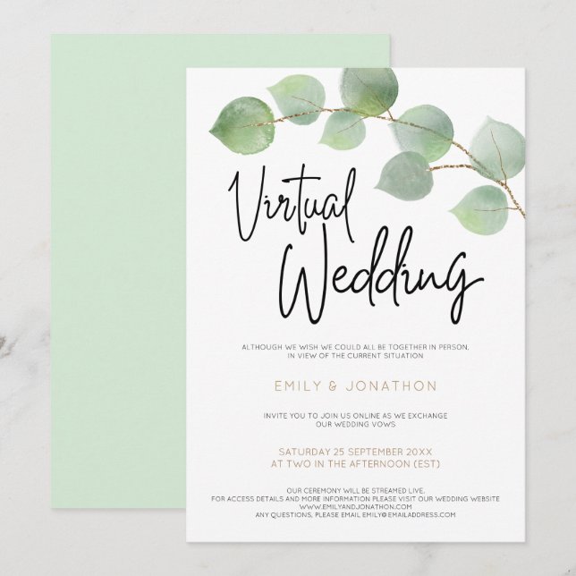 Modern Eucalyptus Leaf Script Virtual Wedding Invitation (Front/Back)