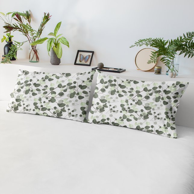 Modern Eucalyptus Leaves Green White Pattern Pillowcase (Creator Uploaded)
