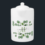Modern Eucalyptus Leaves Monogram Name Tea Party<br><div class="desc">Modern Eucalyptus Leaves Tea Party Teapot</div>