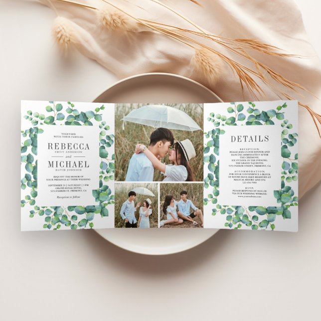 Modern Eucalyptus Leaves Photo Collage Wedding Tri-Fold Invitation (Creator Uploaded)