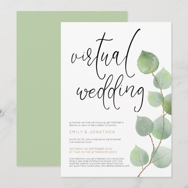 Modern Eucalyptus Leaves Script Virtual Wedding Invitation (Front/Back)