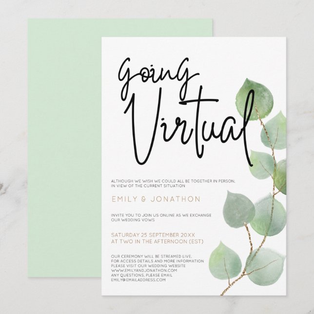 Modern Eucalyptus Leaves Script Virtual Wedding Invitation (Front/Back)