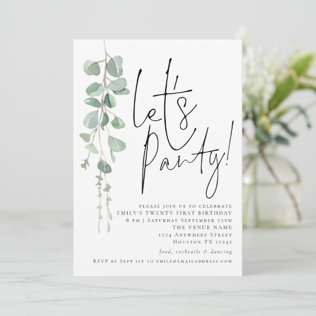 Modern Eucalyptus Lets Party 21st Birthday Invitation (Standing Front)