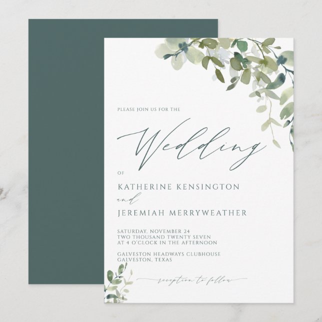 Modern Eucalyptus Minimalist Script Wedding Invitation (Front/Back)