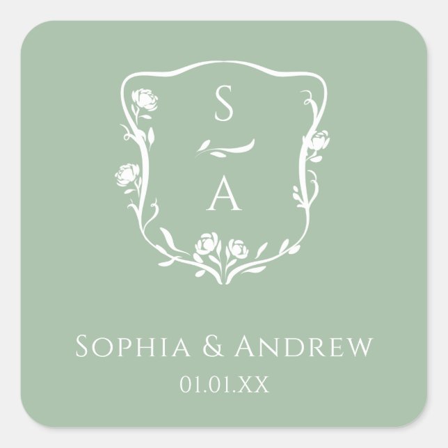 Modern Eucalyptus Monogram Floral Crest Wedding Square Sticker (Front)