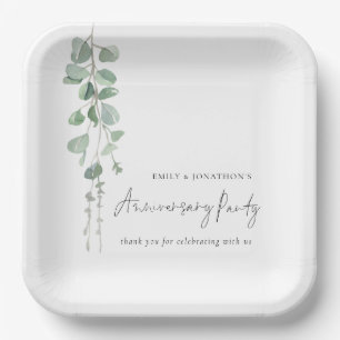 Modern Eucalyptus Names Anniversary Party Paper Plate