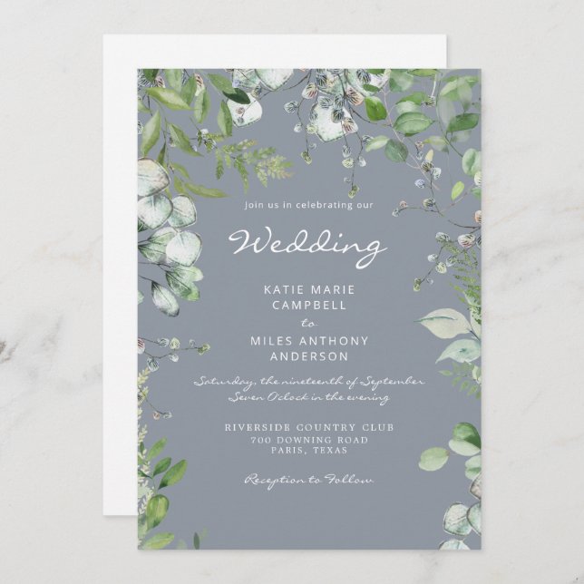 Modern Eucalyptus No Parents Dusty Blue Wedding Invitation (Front/Back)