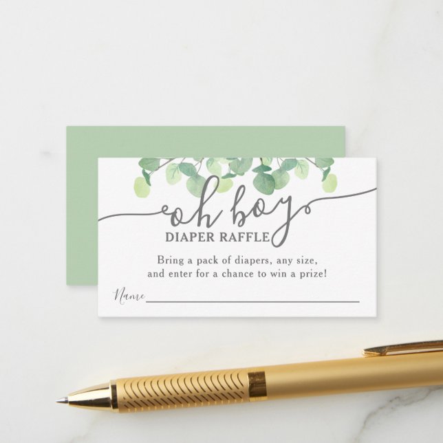 Modern Eucalyptus Oh Boy Baby Shower Diaper Raffle Enclosure Card (Front/Back In Situ)