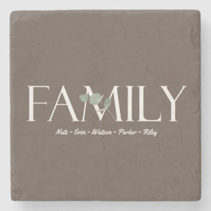 Modern Eucalyptus Personalized Family Names Stone Coaster
