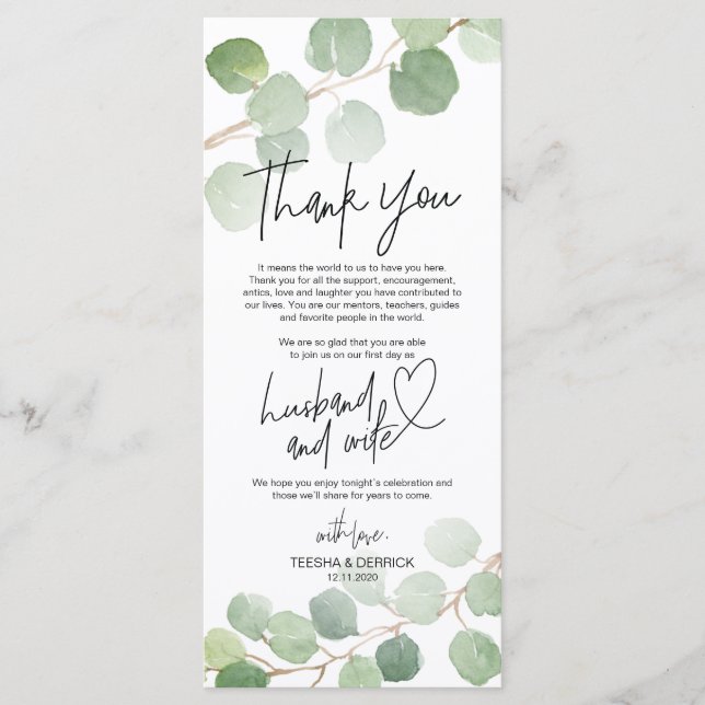 Modern eucalyptus Place Setting Thank You Card (Front)
