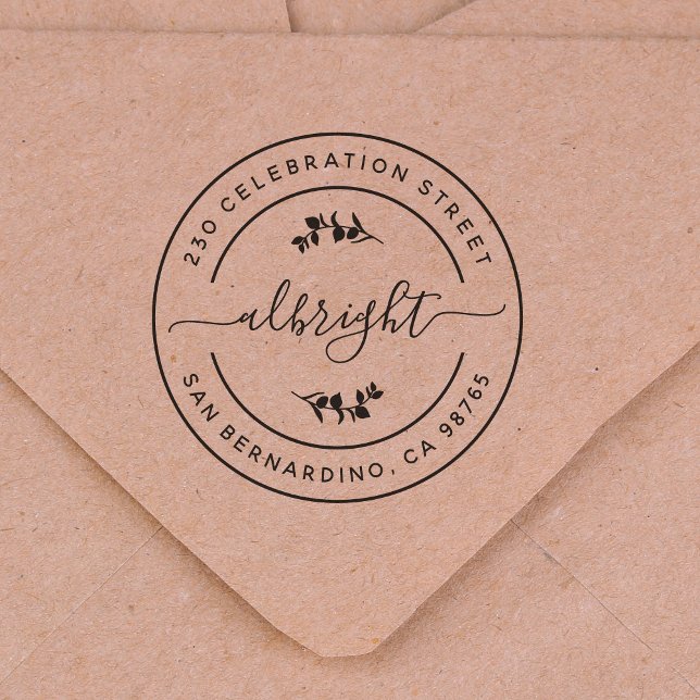 Modern Eucalyptus Round Return Address Self-inking Stamp (Rubber Stamp Mock-up)