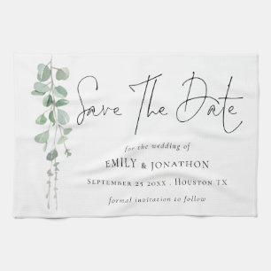 Modern Eucalyptus Script Keepsake Save The Date Kitchen Towel
