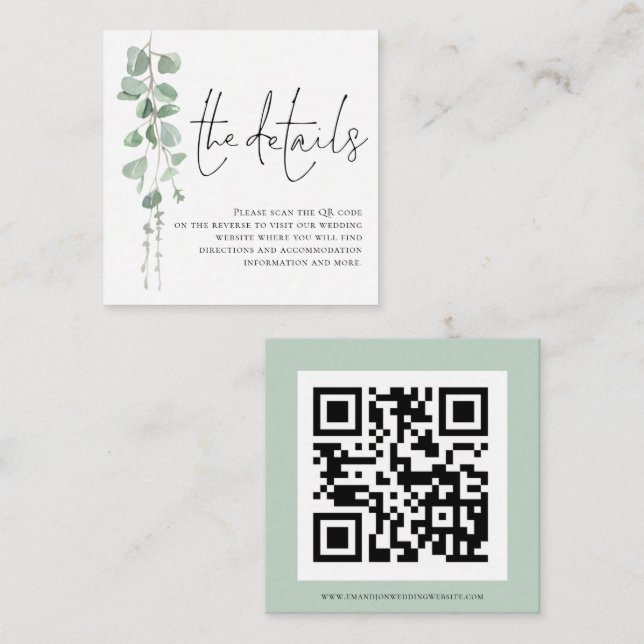 Modern Eucalyptus Script QR Code Wedding Details Enclosure Card (Front/Back)