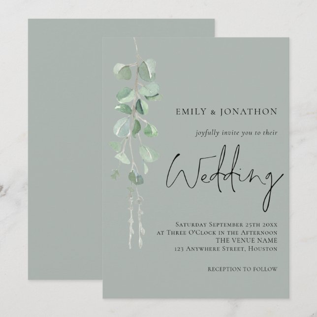 Modern Eucalyptus Script Sage Green Wedding Invitation (Front/Back)