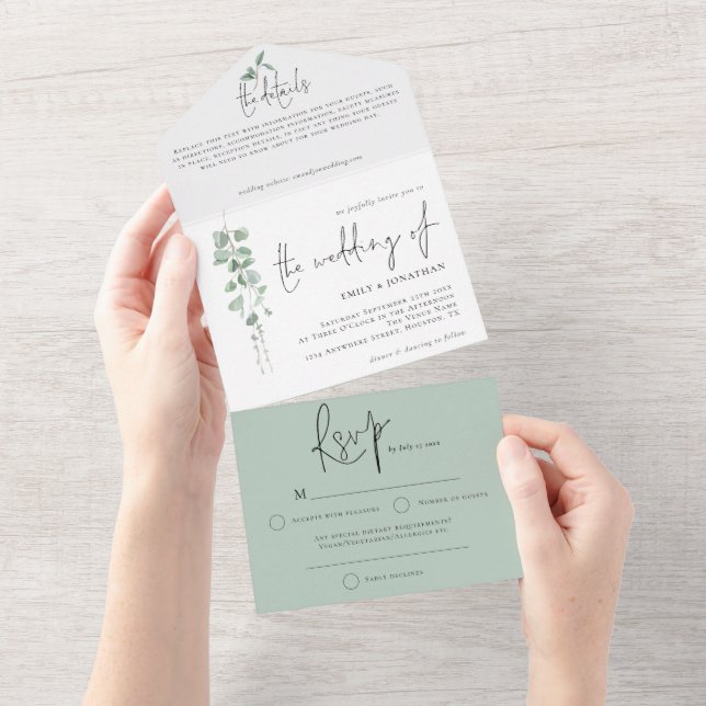 Modern Eucalyptus Script Wedding All In One Invitation (Tearaway)