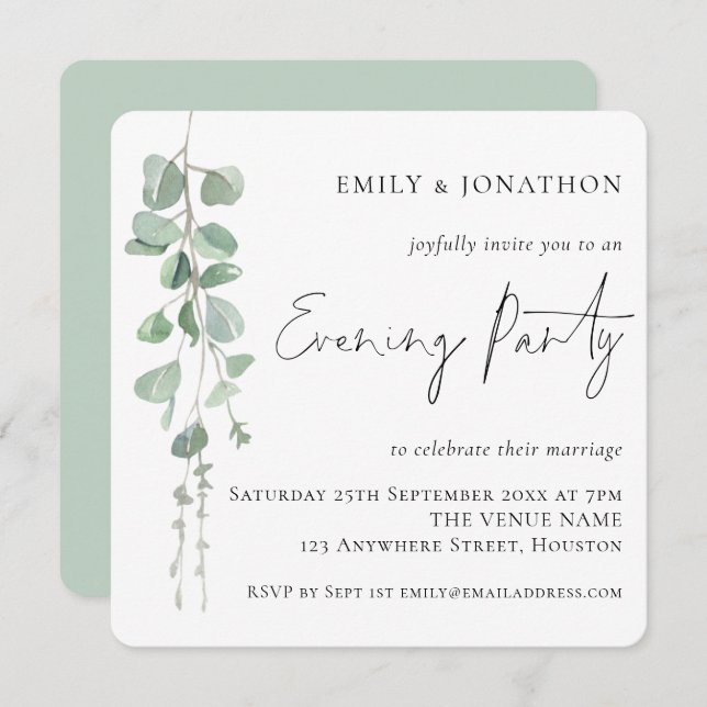 Modern Eucalyptus Script Wedding Evening Party  Invitation (Front/Back)