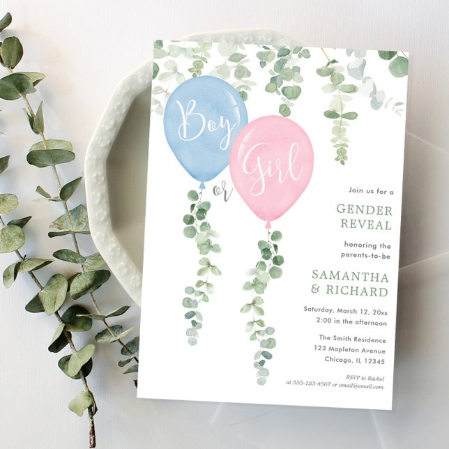 Modern eucalyptus simple balloon gender reveal invitation (Creator Uploaded)