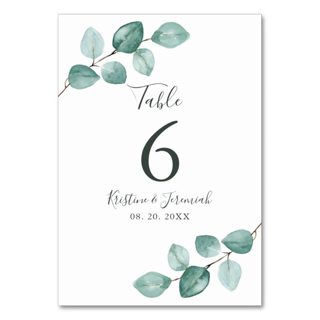 Modern Eucalyptus Watercolor Black Script Wedding Table Number (Front)