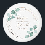 Modern Eucalyptus Watercolor Coffee Script Wedding Magnet<br><div class="desc">These custom botanical magnets make and elegant wedding favour. This modern design template features a coffee brown metallic round frame accented by hand painted watercolor eucalyptus greenery with your names and date to personalize in hand lettered script typography. Please check out our I Love Weddingz shop to find more selections...</div>