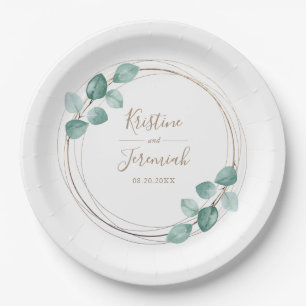 Modern Eucalyptus Watercolor Coffee Script Wedding Paper Plate