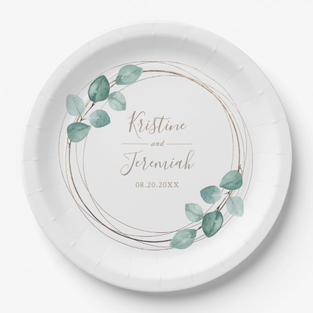 Modern Eucalyptus Watercolor Coffee Script Wedding Paper Plate (Front)