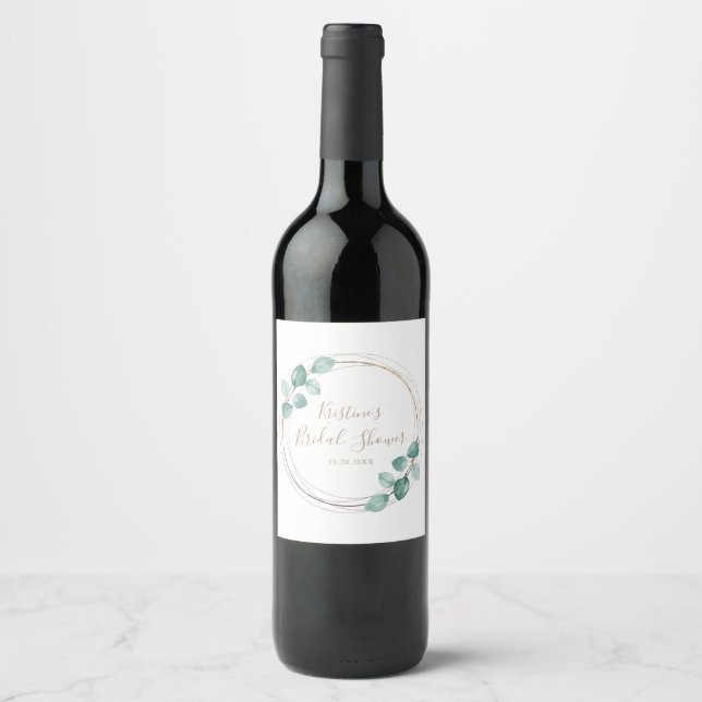 Modern Eucalyptus Watercolor Coffee Script Wedding Wine Label (Front)