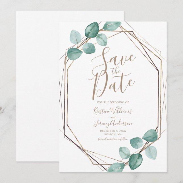 Modern Eucalyptus Watercolor Copper Script Wedding Save The Date (Front/Back)