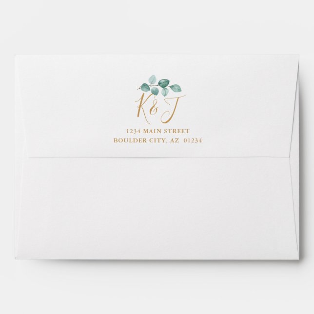 Modern Eucalyptus Watercolor Gold Script Wedding Envelope (Back (Top Flap))