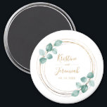 Modern Eucalyptus Watercolor Gold Script Wedding Magnet<br><div class="desc">These custom botanical magnets make and elegant wedding favour. This modern design template features a faux gold round frame accented by hand painted watercolor eucalyptus greenery with your names and date to personalize in hand lettered typography. Please check out our I Love Weddingz shop to find more selections in this...</div>