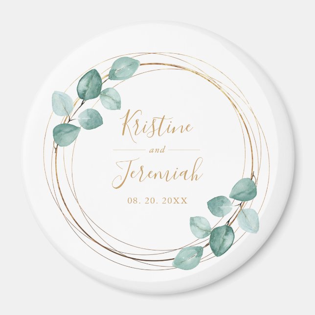 Modern Eucalyptus Watercolor Gold Script Wedding Magnet (Front)