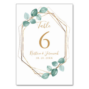 Modern Eucalyptus Watercolor Gold Script Wedding Table Number
