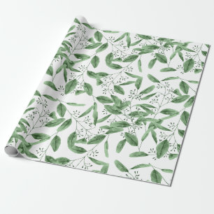 Modern Eucalyptus Watercolor Green Leaves Pattern Wrapping Paper