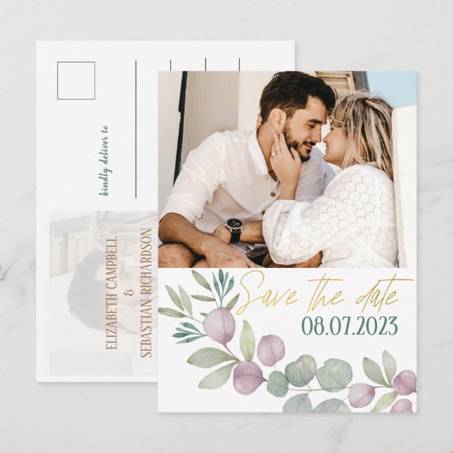 Modern Eucalyptus Watercolor  Photo SAVE THE DATE Announcement Postcard (Front/Back)