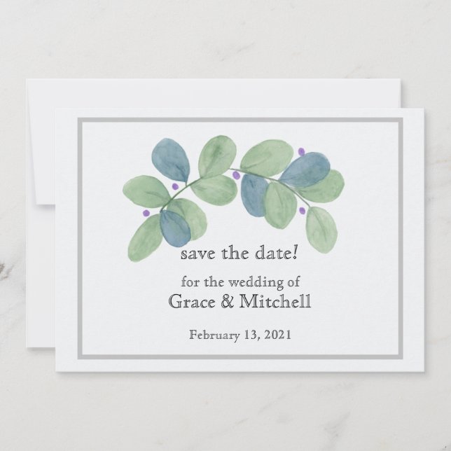 Modern Eucalyptus Watercolor Save The Date (Front)