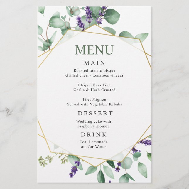Modern Eucalyptus Watercolor Wedding Dinner Menu (Front)