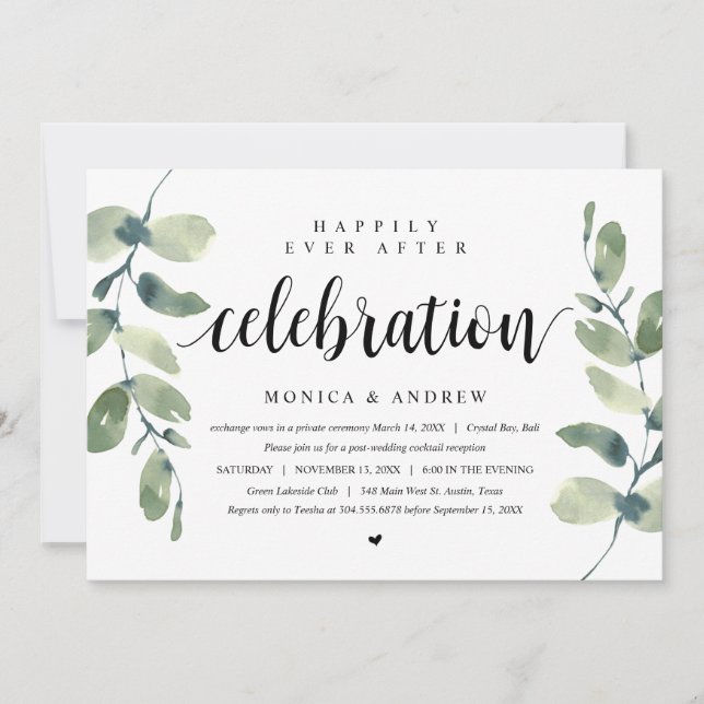 Modern Eucalyptus, Wedding Elopement Celebration Invitation (Front)