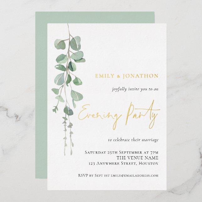 Modern Eucalyptus Wedding Evening Party Gold Real (Front/Back)