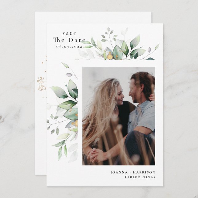 Modern Eucalyptus Wedding Photo Save The Date (Front/Back)