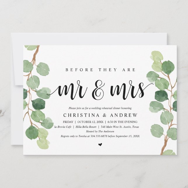 Modern Eucalyptus, Wedding Rehearsal Dinner Invitation (Front)
