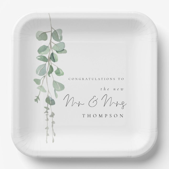 Modern Eucalyptus Wishes for Newlyweds Paper Plate (Front)