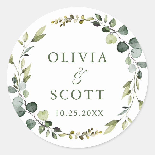 Modern Eucalyptus Wreath Floral Wedding Boho Classic Round Sticker (Front)