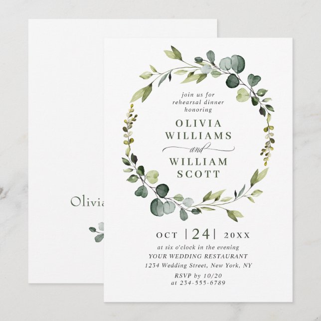 Modern Eucalyptus Wreath Frame REHEARSAL DINNER Invitation (Front/Back)