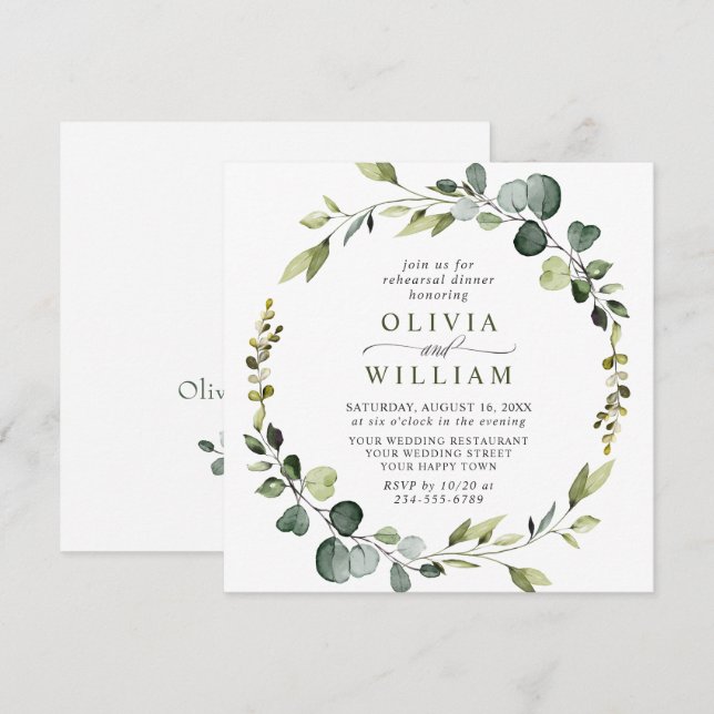 Modern Eucalyptus Wreath Frame REHEARSAL DINNER Invitation (Front/Back)