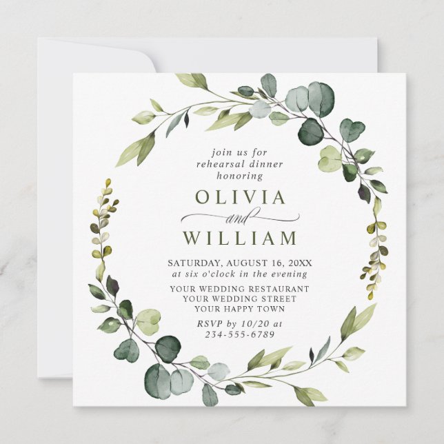 Modern Eucalyptus Wreath Frame REHEARSAL DINNER Invitation (Front)